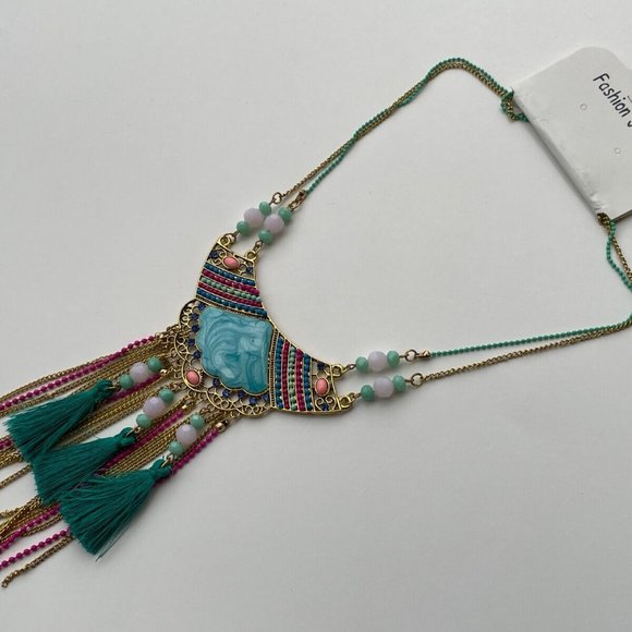 Women Necklace Statement Blue Turqouise/Gold Tone Fashion Jewrlry New - Picture 10 of 11